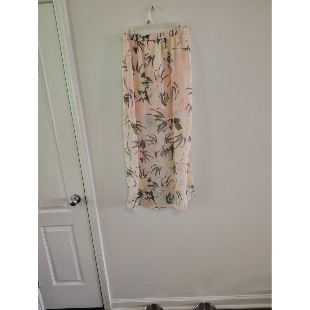HM Divided Floral Maxi Skirt Peach Pink Tropical Botanical Chiffon Womens Medium - Picture 3 of 3